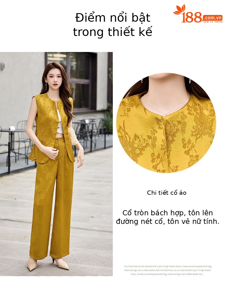 Bộ quần áo hai mảnh nữ phong cách tân cổ điển Trung Hoa – áo gile họa tiết jacquard kết hợp quần ống rộng — màu đen, màu trắng, màu vàng chi tiết 3