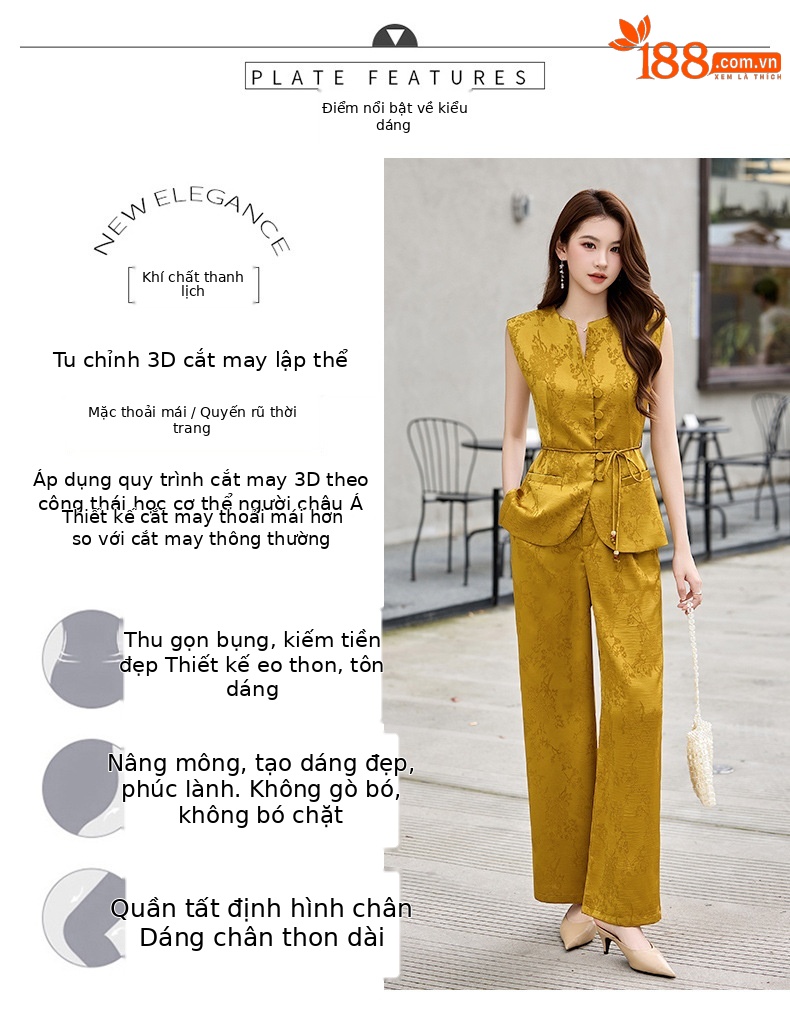 Bộ quần áo hai mảnh nữ phong cách tân cổ điển Trung Hoa – áo gile họa tiết jacquard kết hợp quần ống rộng — màu đen, màu trắng, màu vàng chi tiết 4