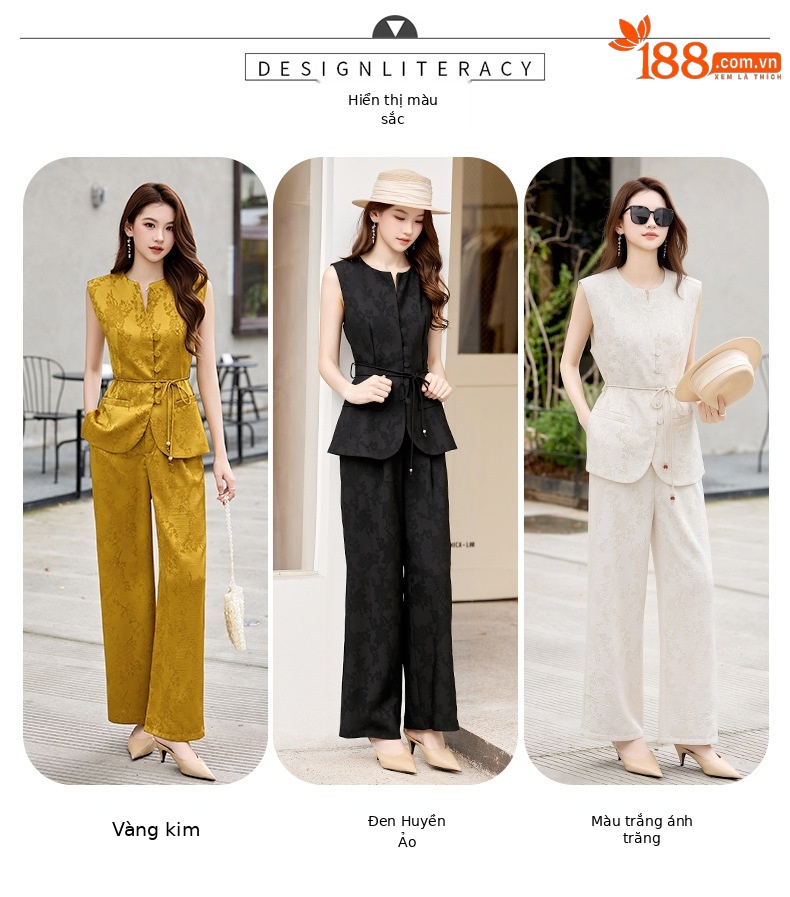 Bộ quần áo hai mảnh nữ phong cách tân cổ điển Trung Hoa – áo gile họa tiết jacquard kết hợp quần ống rộng — màu đen, màu trắng, màu vàng chi tiết 5