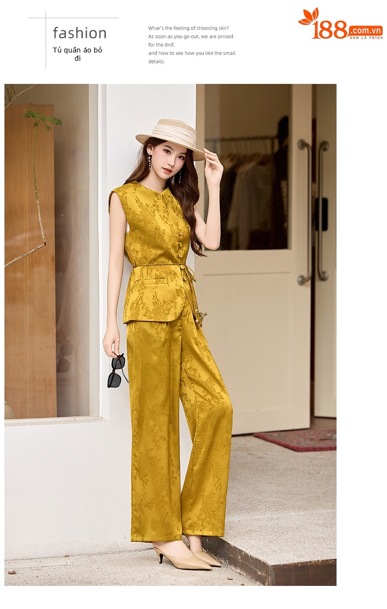 Bộ quần áo hai mảnh nữ phong cách tân cổ điển Trung Hoa – áo gile họa tiết jacquard kết hợp quần ống rộng — màu đen, màu trắng, màu vàng chi tiết 15