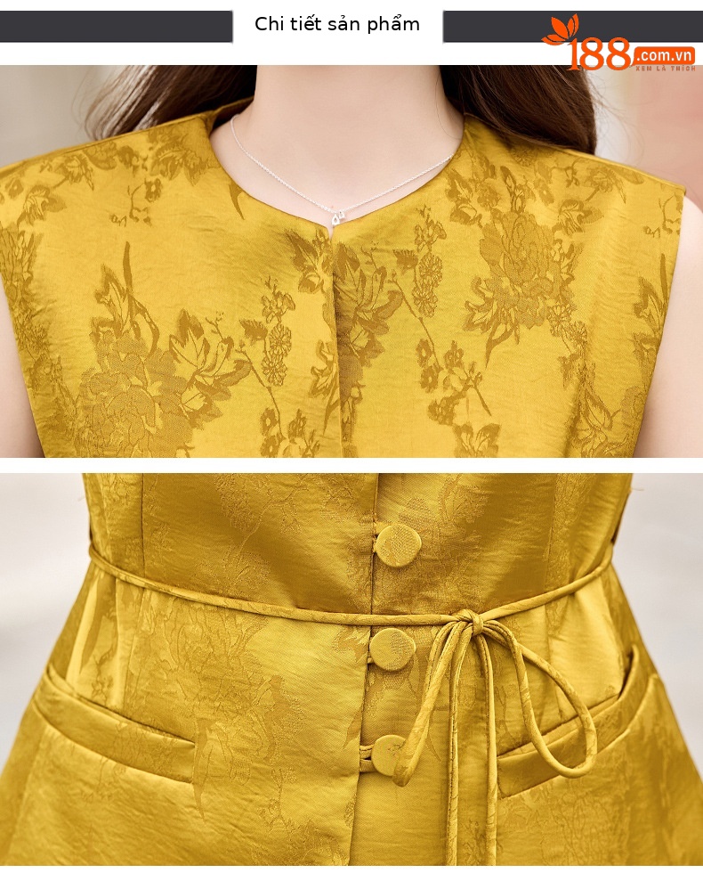 Bộ quần áo hai mảnh nữ phong cách tân cổ điển Trung Hoa – áo gile họa tiết jacquard kết hợp quần ống rộng — màu đen, màu trắng, màu vàng chi tiết 29
