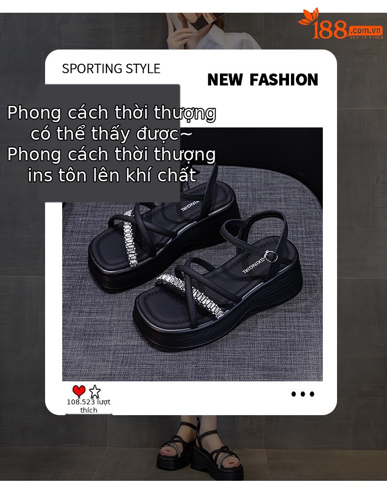 Sandal nữ đế dày đính đá hở mũi gót platform 9 cm — M2901 đen, M2901 be, M2901 bạc chi tiết 3