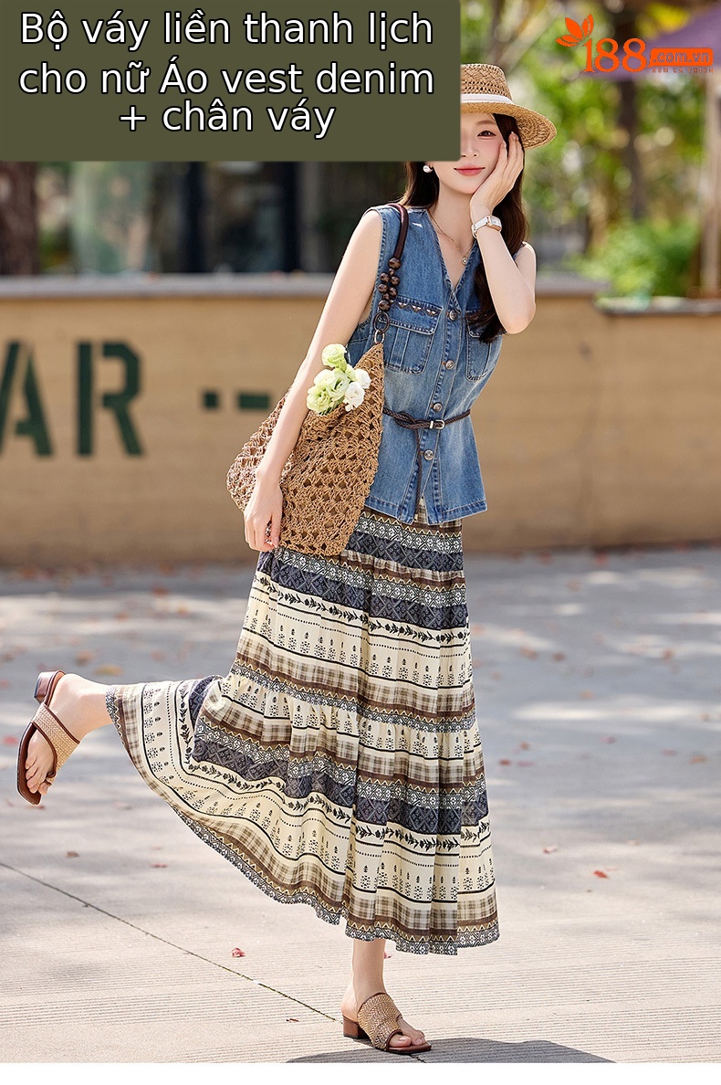 Bộ váy hai mảnh denim nữ V-neck áo vest in họa tiết chân váy midi — Màu ảnh chi tiết 1