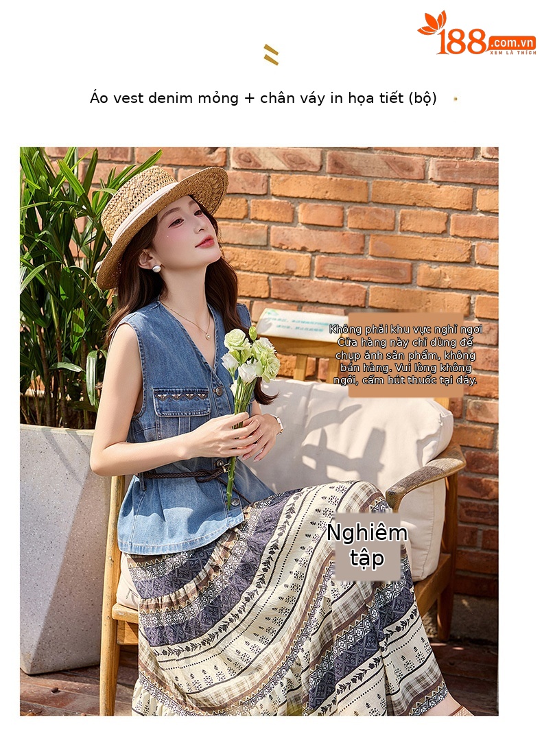 Bộ váy hai mảnh denim nữ V-neck áo vest in họa tiết chân váy midi — Màu ảnh chi tiết 2