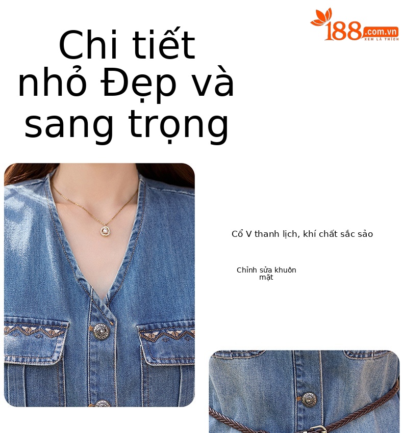 Bộ váy hai mảnh denim nữ V-neck áo vest in họa tiết chân váy midi — Màu ảnh chi tiết 5