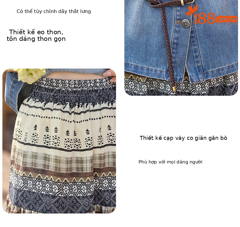 Bộ váy hai mảnh denim nữ V-neck áo vest in họa tiết chân váy midi — Màu ảnh chi tiết 6