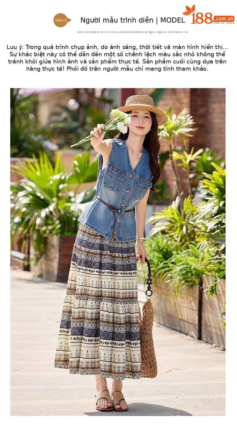 Bộ váy hai mảnh denim nữ V-neck áo vest in họa tiết chân váy midi — Màu ảnh chi tiết 9