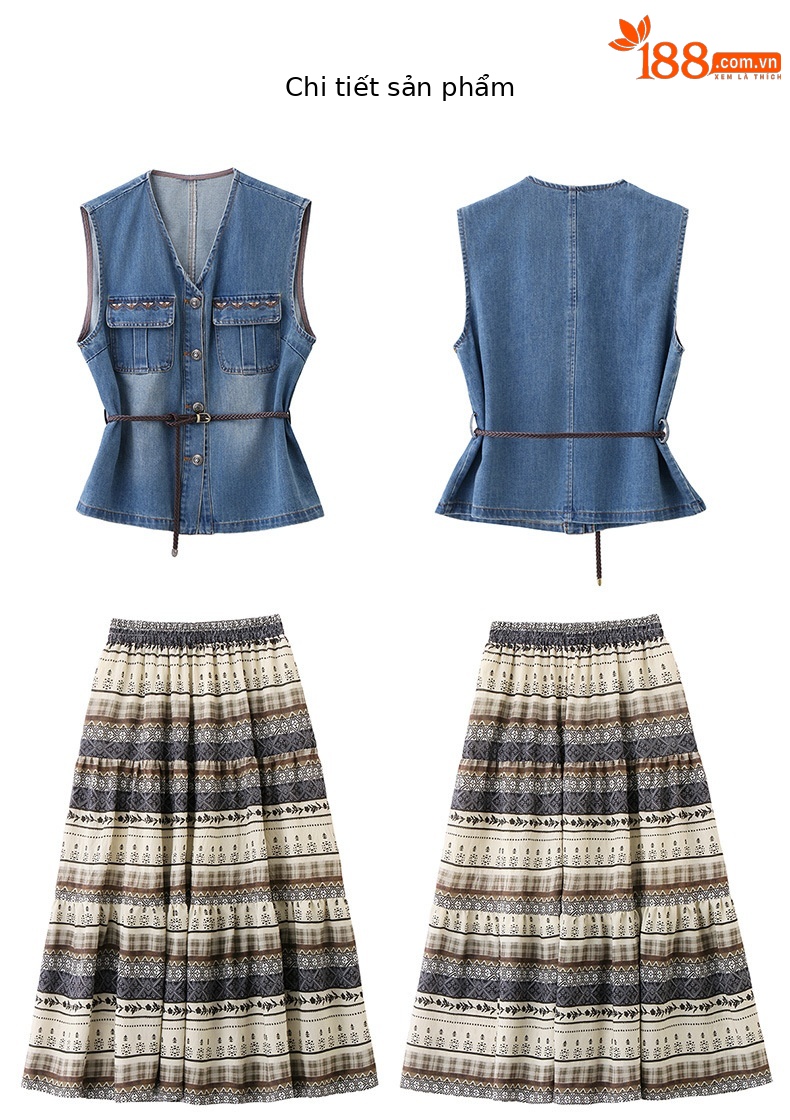 Bộ váy hai mảnh denim nữ V-neck áo vest in họa tiết chân váy midi — Màu ảnh chi tiết 14