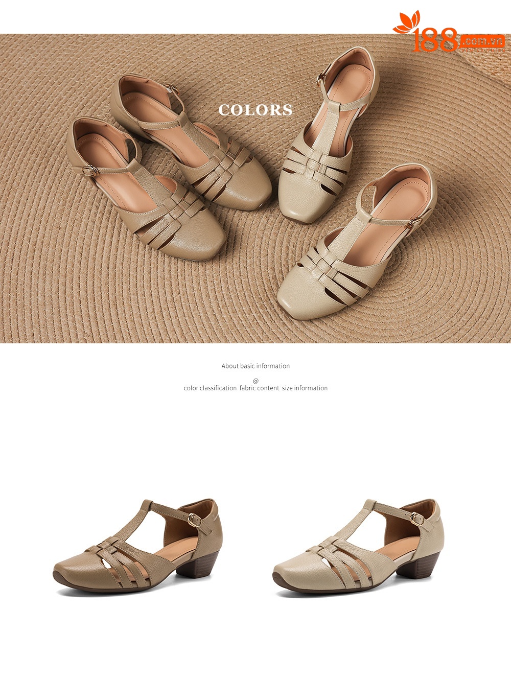 Sandal nữ da cừu dệt bao đầu mũi vuông gót dày 3.5cm quai ngang kiểu La Mã — màu trắng ngà chi tiết 5