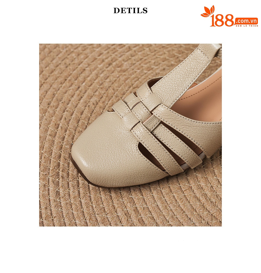 Sandal nữ da cừu dệt bao đầu mũi vuông gót dày 3.5cm quai ngang kiểu La Mã — màu trắng ngà chi tiết 18