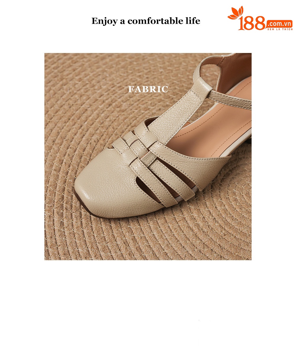 Sandal nữ da cừu dệt bao đầu mũi vuông gót dày 3.5cm quai ngang kiểu La Mã — màu trắng ngà chi tiết 3
