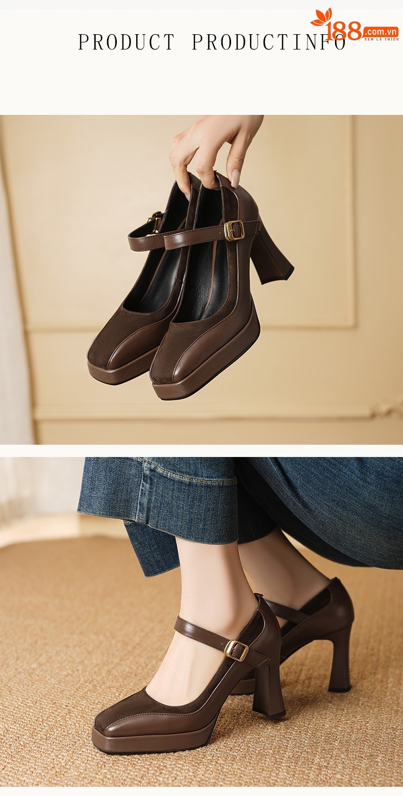 Giày cao gót nữ gót vuông 9 cm cổ điển quai một chữ khóa, mũi nhọn nông, đế dày — màu nâu chi tiết 4