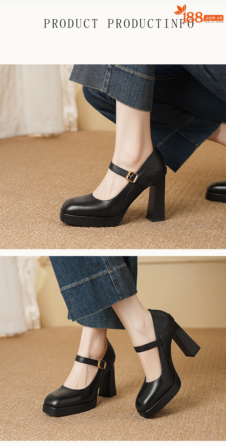Giày cao gót nữ gót vuông 10 cm quai ngang một chữ khóa, mũi nhọn cổ điển, đế dày — Da bò trắng gạo chi tiết 3