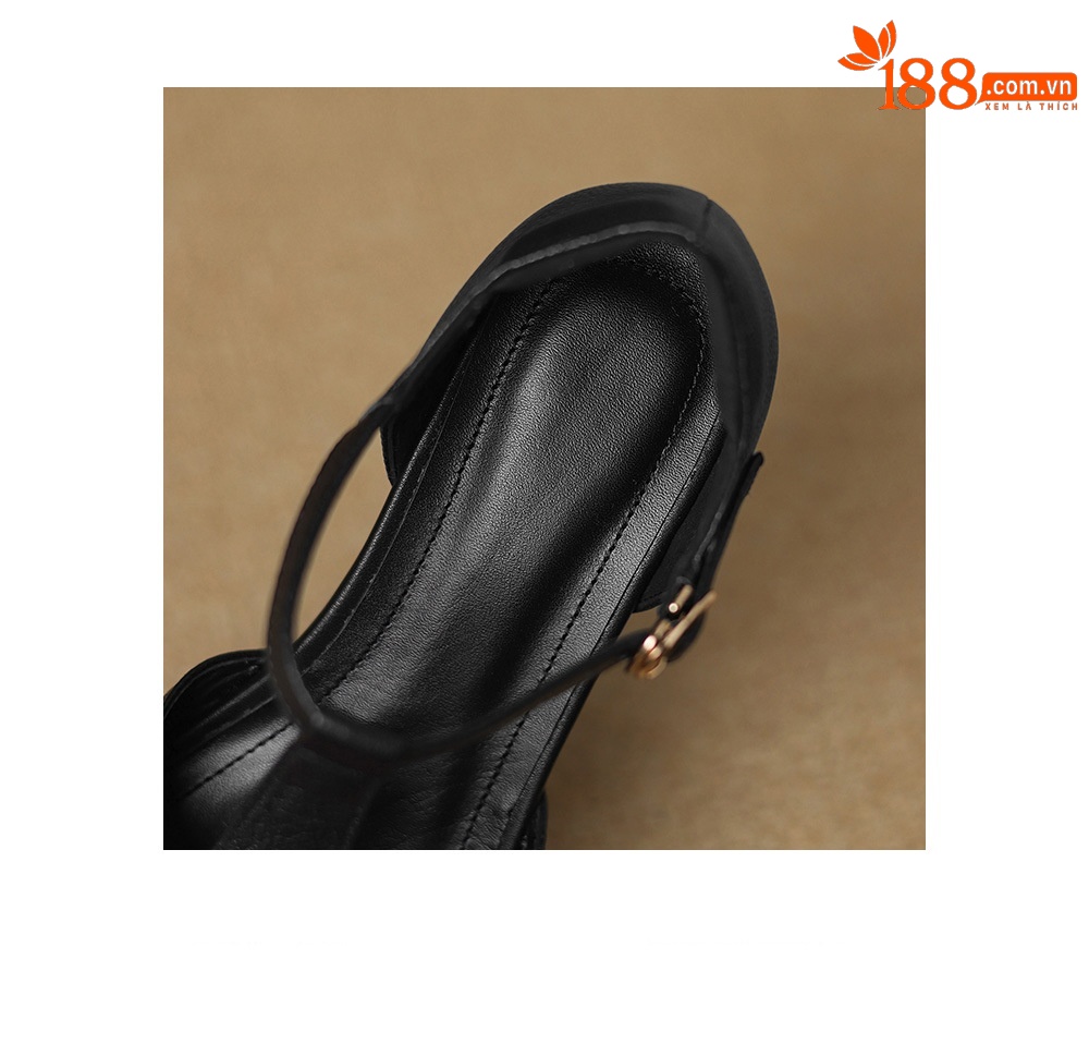 Sandal nữ gót vuông quai ngang phong cách La Mã, đế rỗng, dệt chéo khóa T — đen chi tiết 25