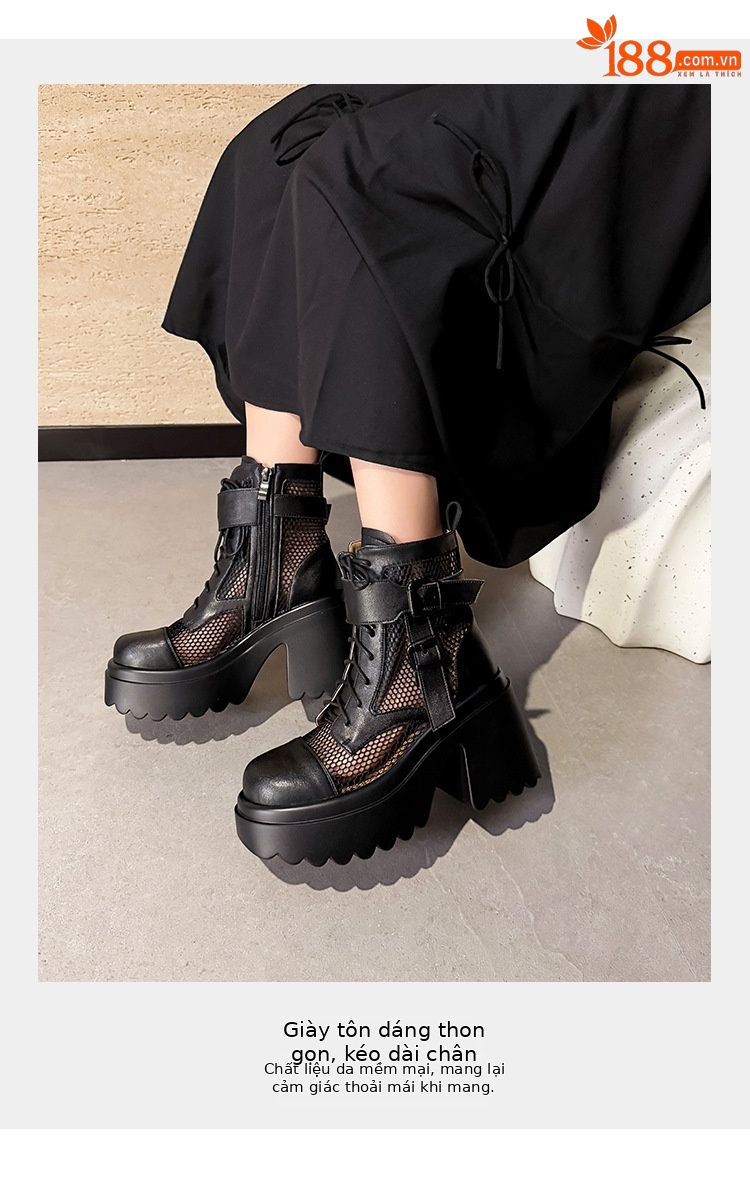Boot nữ cao gót lưới xuyên thấu phong cách biker, gót thô 9 cm, thoáng khí — màu đen, màu trắng chi tiết 4