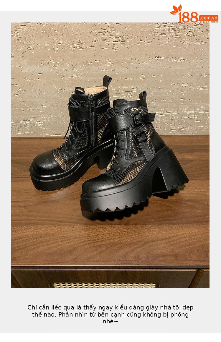 Boot nữ cao gót lưới xuyên thấu phong cách biker, gót thô 9 cm, thoáng khí — màu đen, màu trắng chi tiết 5