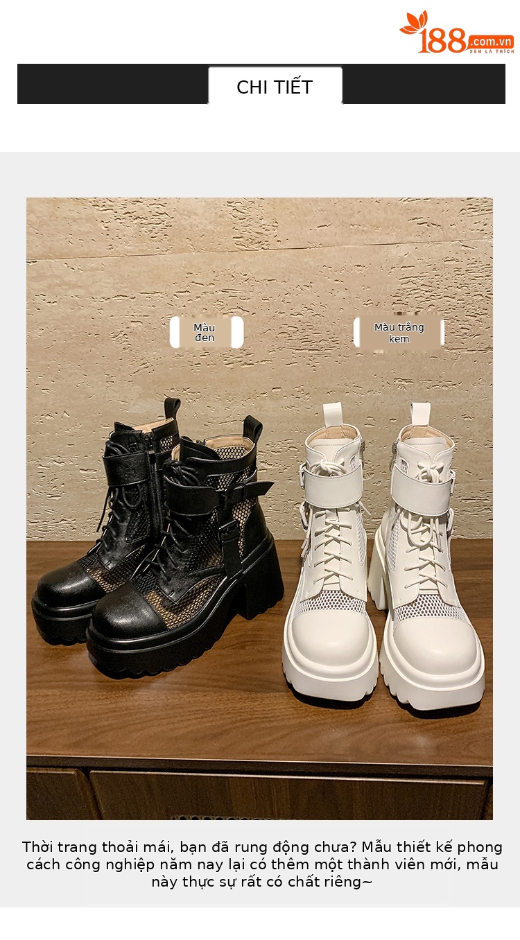 Boot nữ cao gót lưới xuyên thấu phong cách biker, gót thô 9 cm, thoáng khí — màu đen, màu trắng chi tiết 3