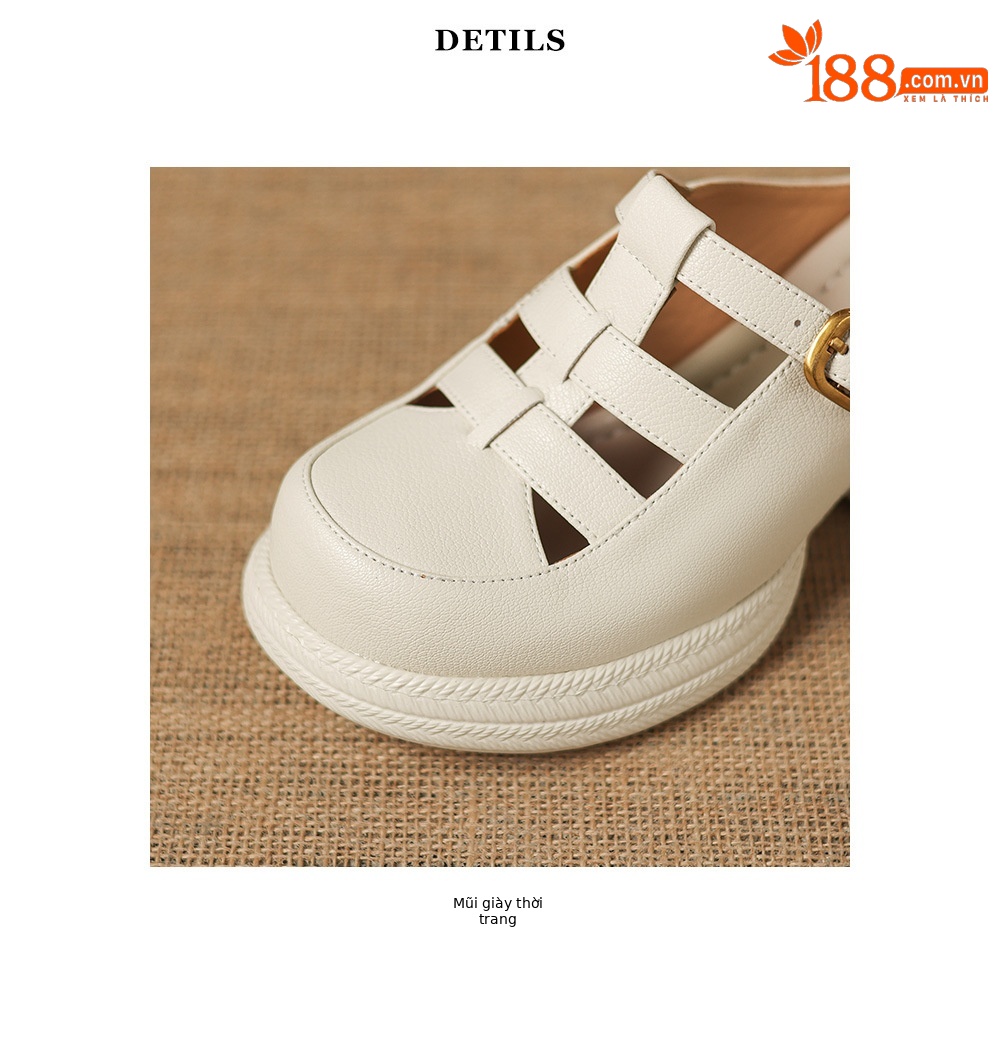 Sandal cao gót nữ mũi hở đế dày da cừu kiểu dệt lỗ — màu trắng ngà chi tiết 18