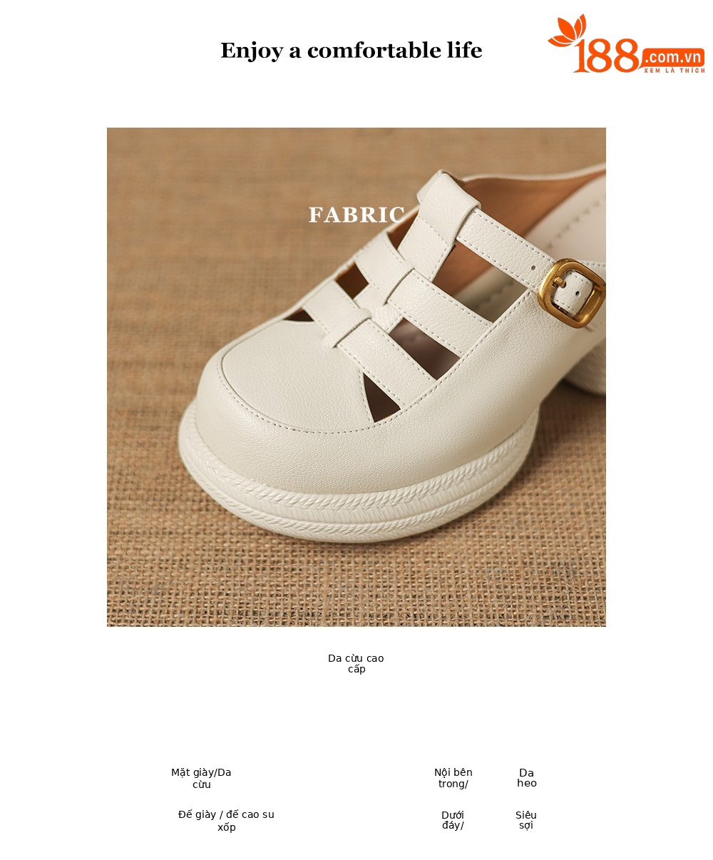 Sandal cao gót nữ mũi hở đế dày da cừu kiểu dệt lỗ — màu trắng ngà chi tiết 3