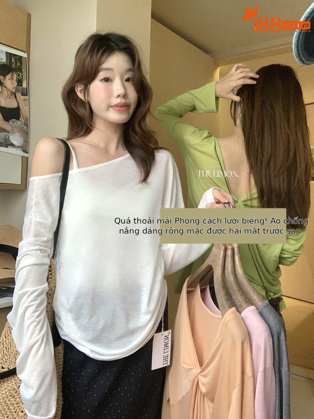 Áo thun nữ tay dài cổ V thiết kế xoắn nút, mặc hai kiểu, chống nắng, form rộng suông — màu hồng, màu cam, màu trắng, xanh lá cây chi tiết 9
