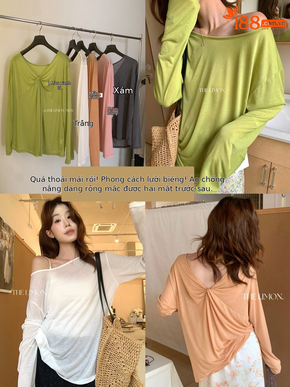 Áo thun nữ tay dài cổ V thiết kế xoắn nút, mặc hai kiểu, chống nắng, form rộng suông — màu hồng, màu cam, màu trắng, xanh lá cây chi tiết 18