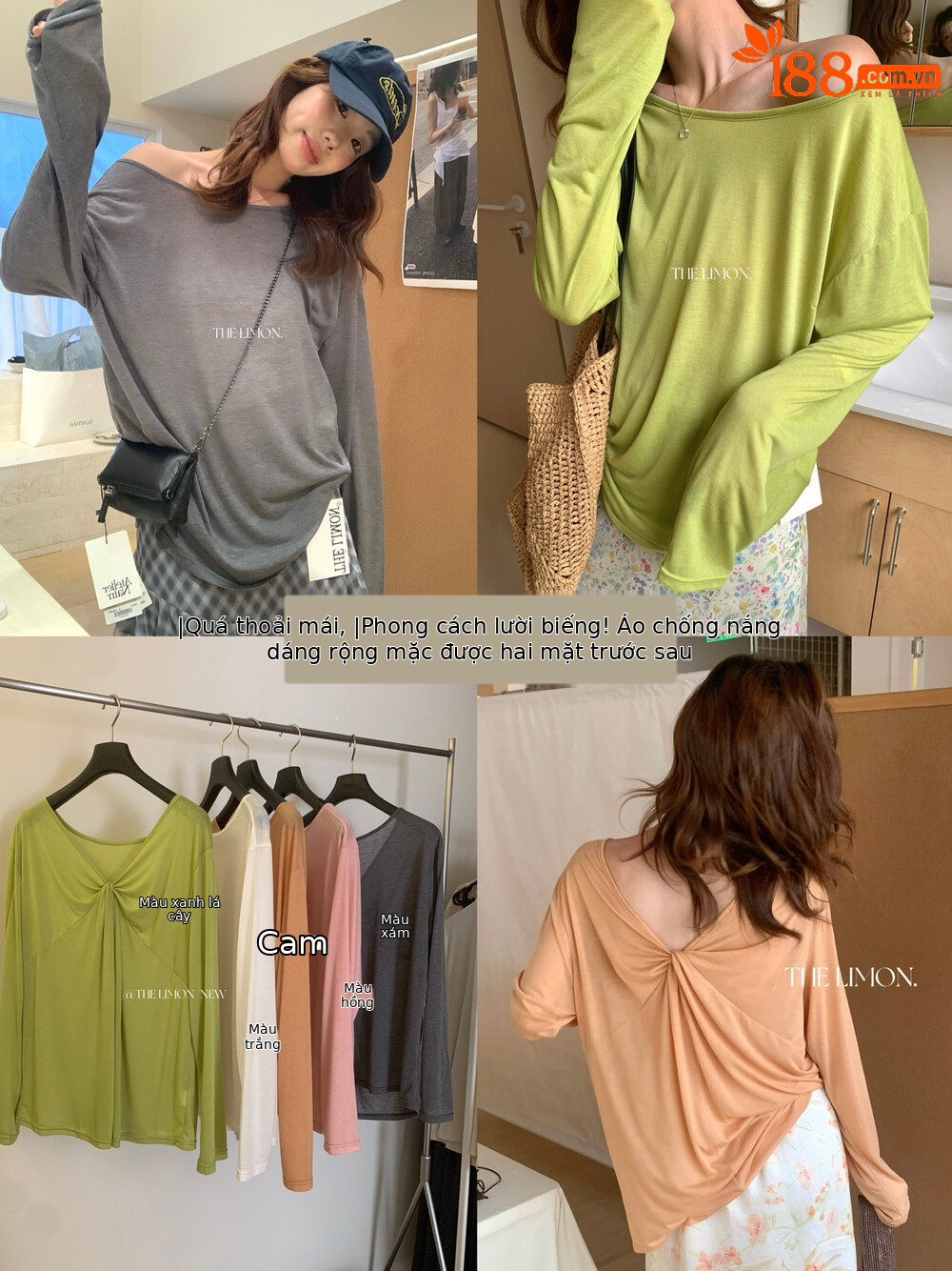 Áo thun nữ tay dài cổ V thiết kế xoắn nút, mặc hai kiểu, chống nắng, form rộng suông — màu hồng, màu cam, màu trắng, xanh lá cây chi tiết 31