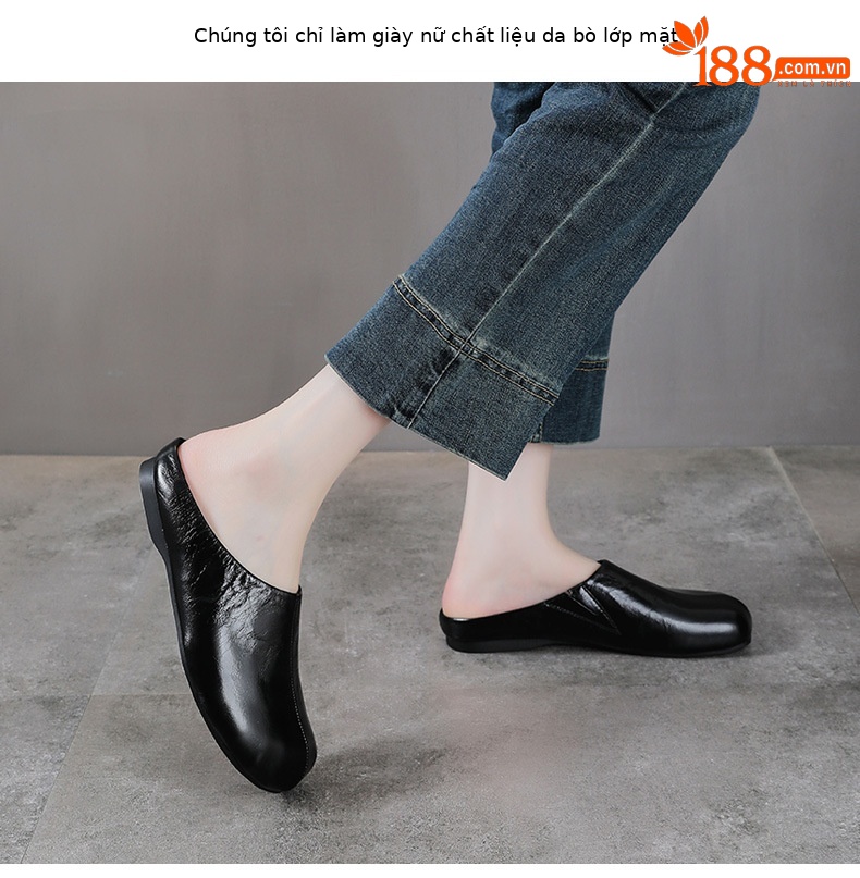 Dép bít mũi da bò thật nữ màu đỏ cổ điển, đế mềm, phong cách basic — màu đen chi tiết 2