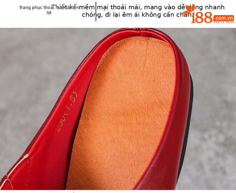 Dép bít mũi da bò thật nữ màu đỏ cổ điển, đế mềm, phong cách basic — màu đen chi tiết 6