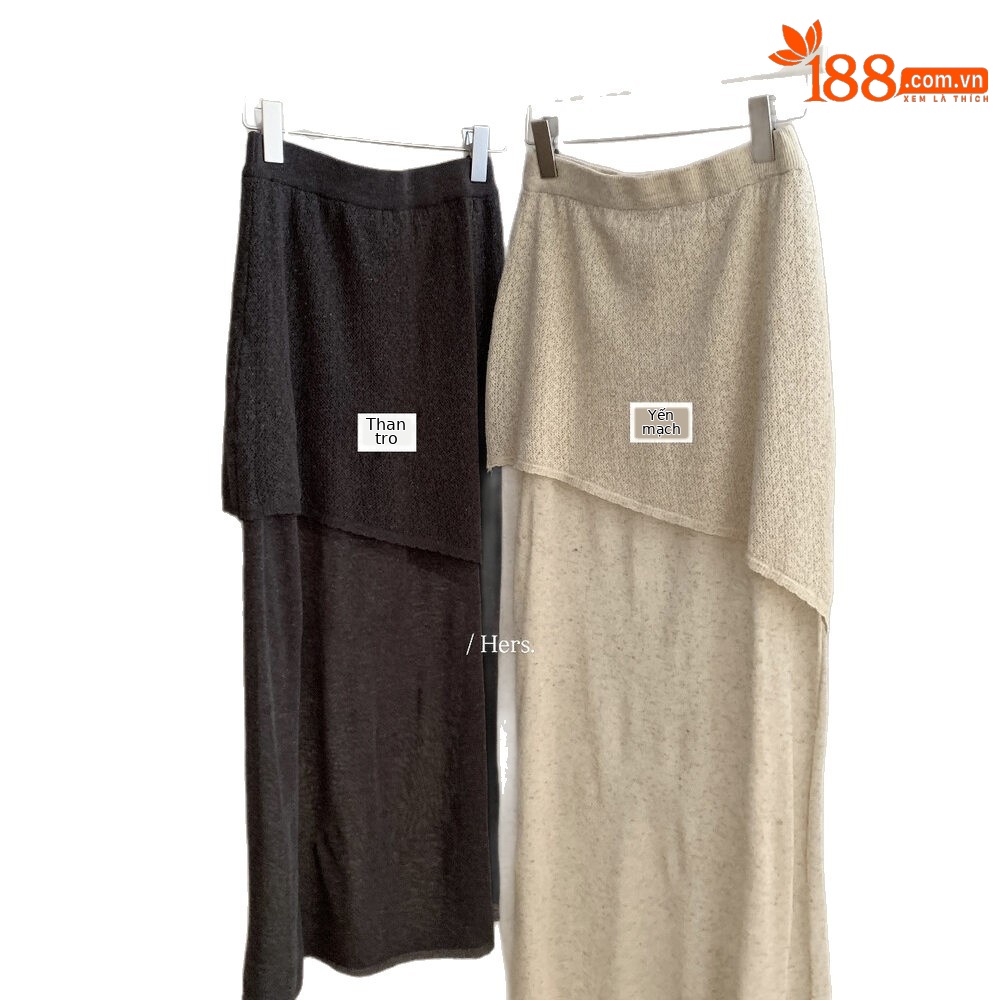 Chân váy chữ A nữ cạp cao phối ren lưới xuyên thấu dáng dài bất đối xứng — Xám cacbon, yến mạch