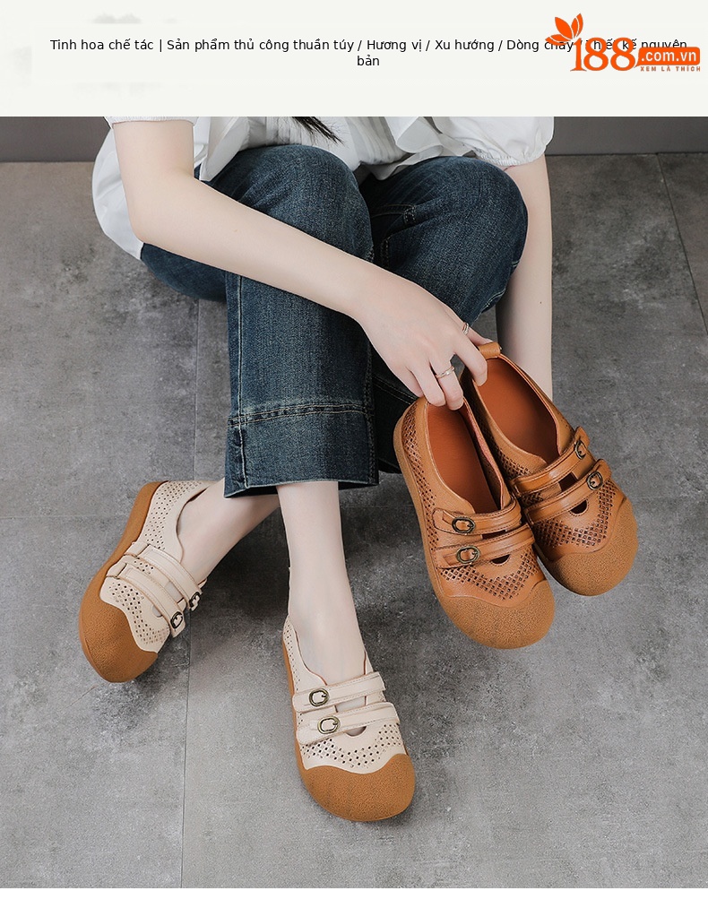 Sandal nữ da bò thật phong cách cổ điển, đế bệt, mũi kín, thiết kế thoáng khí họa tiết rỗ — màu nâu chi tiết 1