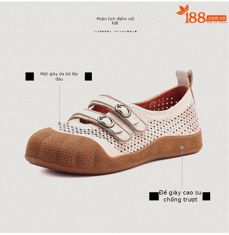Sandal nữ da bò thật phong cách cổ điển, đế bệt, mũi kín, thiết kế thoáng khí họa tiết rỗ — màu nâu chi tiết 3