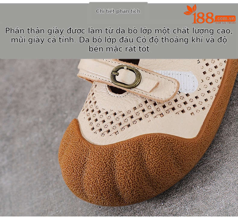 Sandal nữ da bò thật phong cách cổ điển, đế bệt, mũi kín, thiết kế thoáng khí họa tiết rỗ — màu nâu chi tiết 4