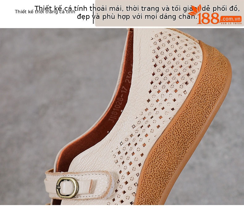 Sandal nữ da bò thật phong cách cổ điển, đế bệt, mũi kín, thiết kế thoáng khí họa tiết rỗ — màu nâu chi tiết 5