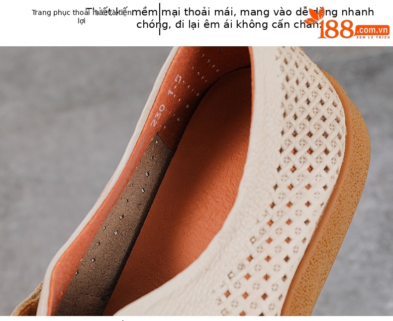Sandal nữ da bò thật phong cách cổ điển, đế bệt, mũi kín, thiết kế thoáng khí họa tiết rỗ — màu nâu chi tiết 6