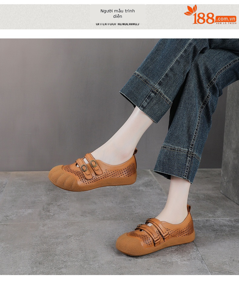 Sandal nữ da bò thật phong cách cổ điển, đế bệt, mũi kín, thiết kế thoáng khí họa tiết rỗ — màu nâu chi tiết 9