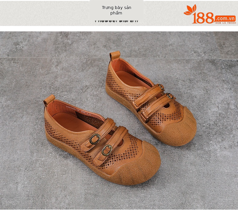 Sandal nữ da bò thật phong cách cổ điển, đế bệt, mũi kín, thiết kế thoáng khí họa tiết rỗ — màu nâu chi tiết 10