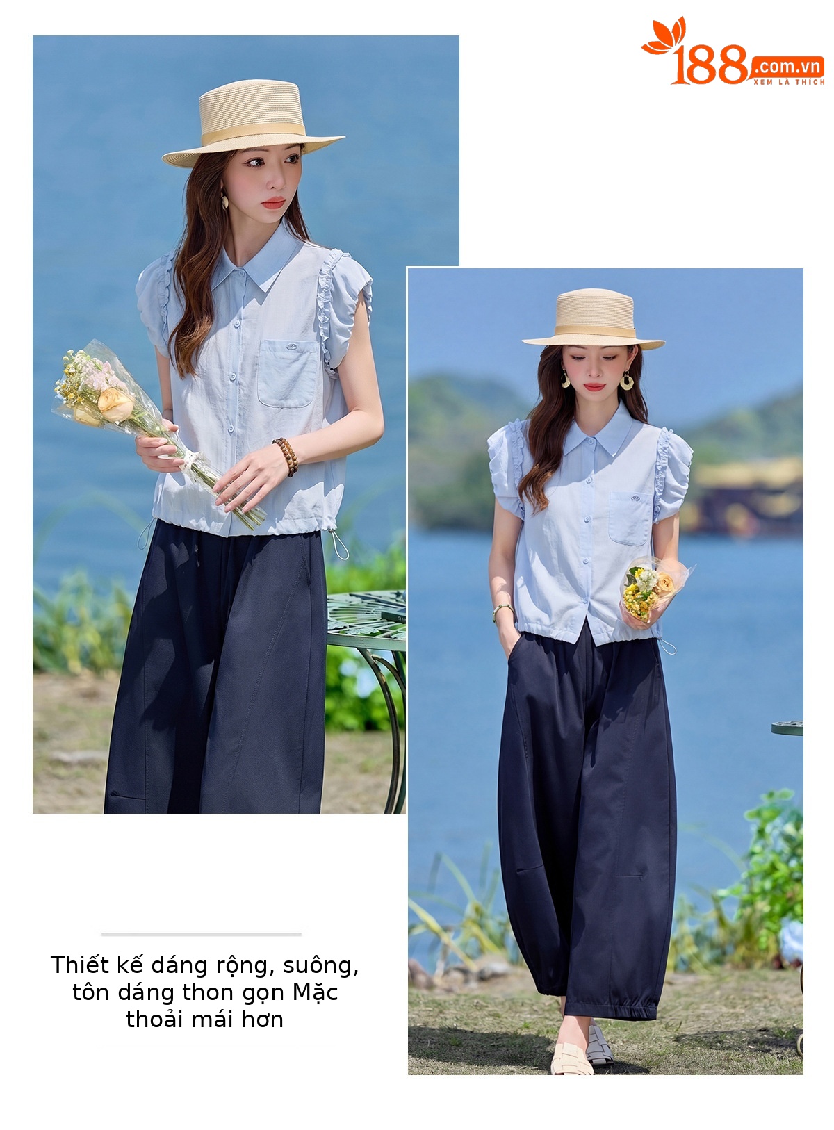 Bộ sơ mi tay dài kết hợp quần ống rộng nữ cao cấp LU9166 — Màu ảnh chi tiết 6