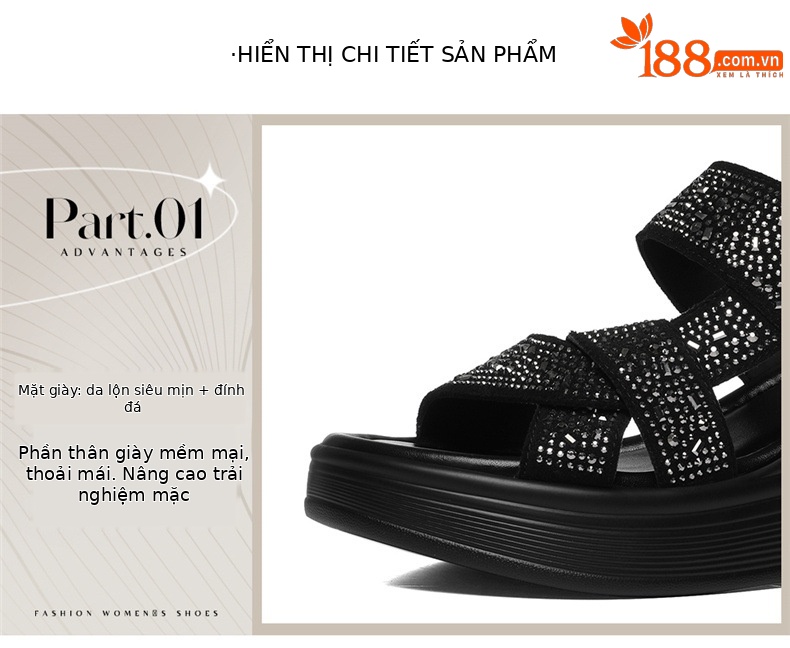 Sandal nữ đính đá đế dày mềm mại 2026 — 6144 Da đen, 6144 Màu be chi tiết 6