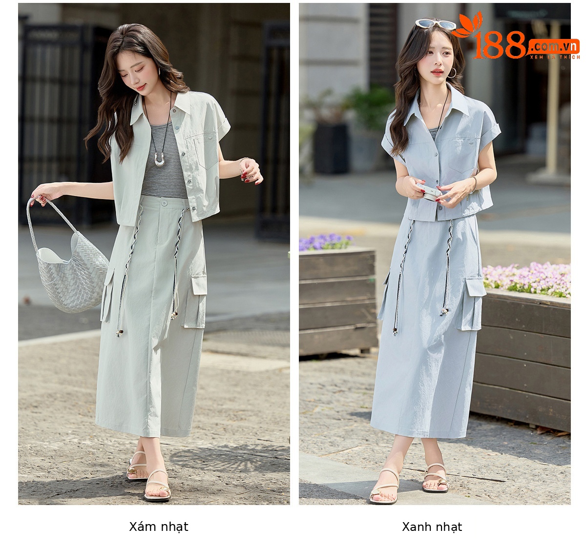 Bộ ba món sơ mi + áo lót + chân váy nữ MJ2618 — màu xanh nhạt, màu xám nhạt chi tiết 14