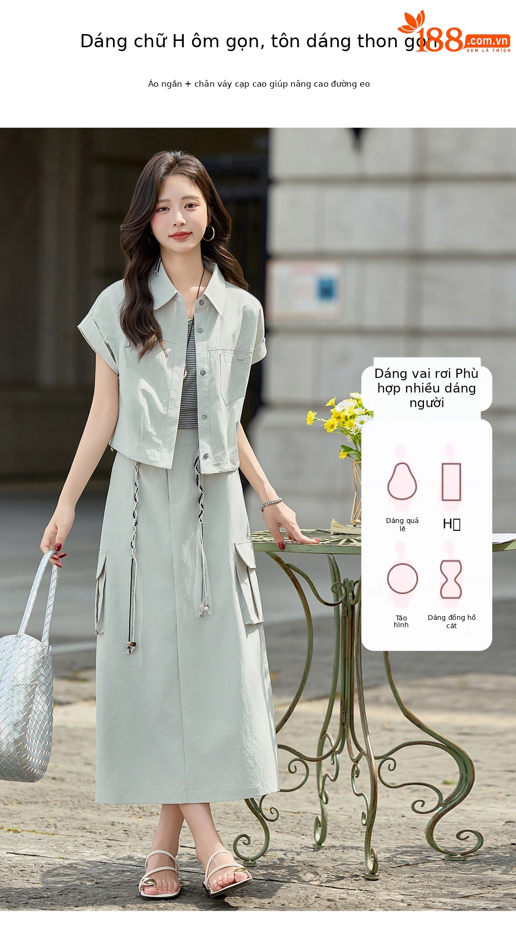 Bộ ba món sơ mi + áo lót + chân váy nữ MJ2618 — màu xanh nhạt, màu xám nhạt chi tiết 4