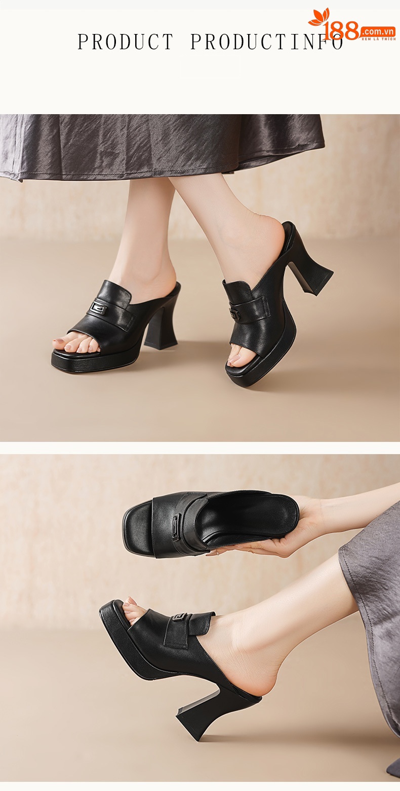 Sandal cao gót nữ hở mũi quai ngang đế dày gót 9 cm — Da bò trắng gạo chi tiết 3