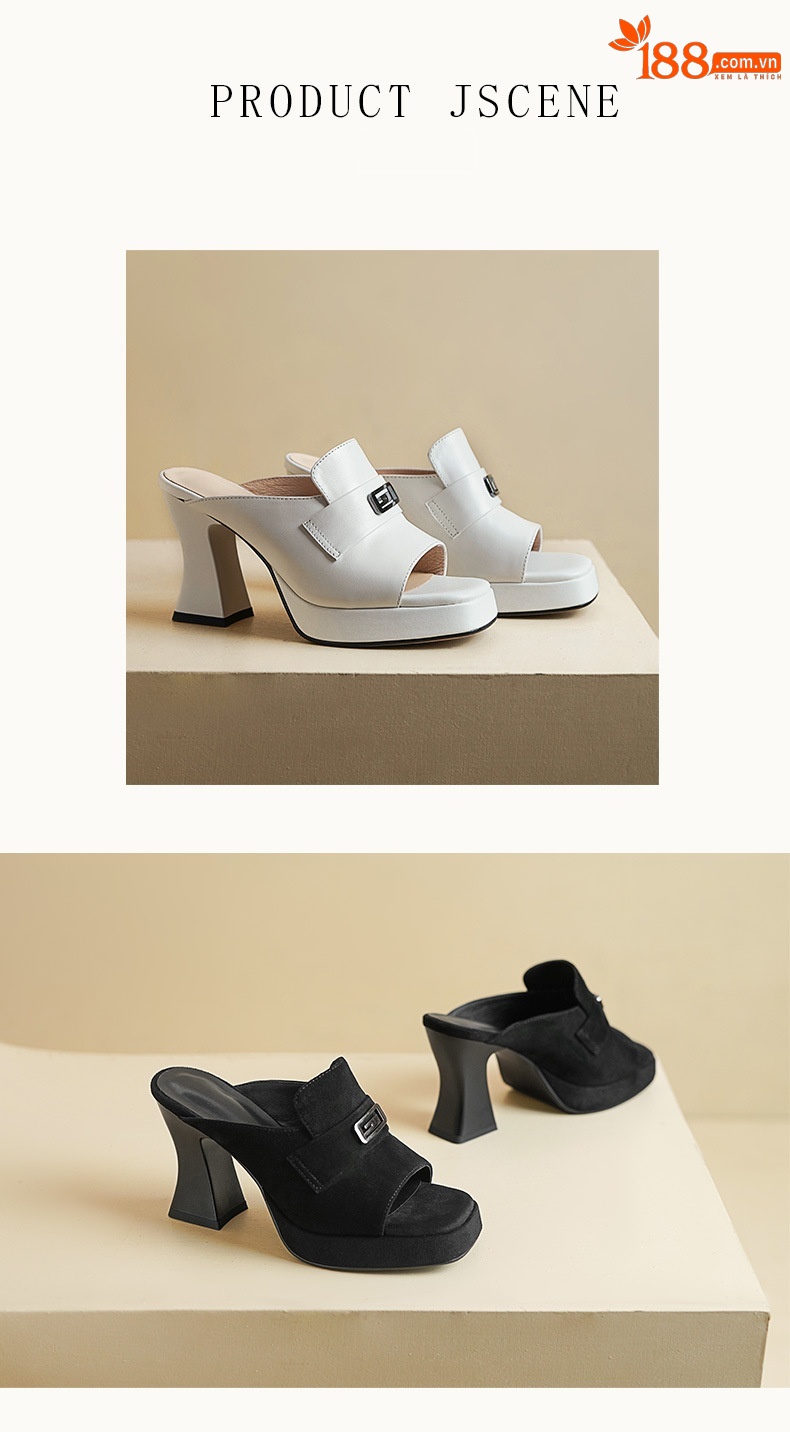 Sandal cao gót nữ hở mũi quai ngang đế dày gót 9 cm — Da bò trắng gạo chi tiết 5