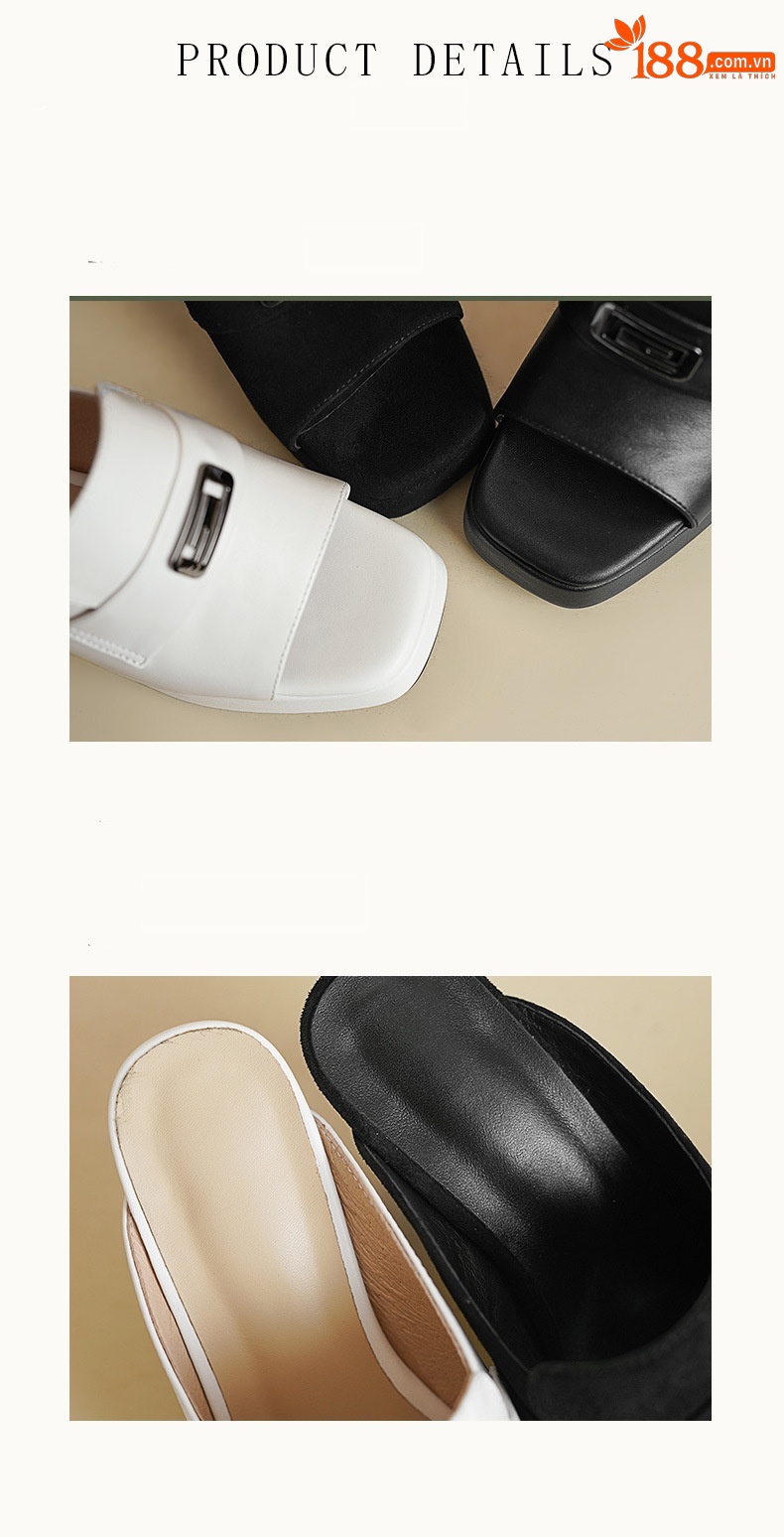 Sandal cao gót nữ hở mũi quai ngang đế dày gót 9 cm — Da bò trắng gạo chi tiết 7