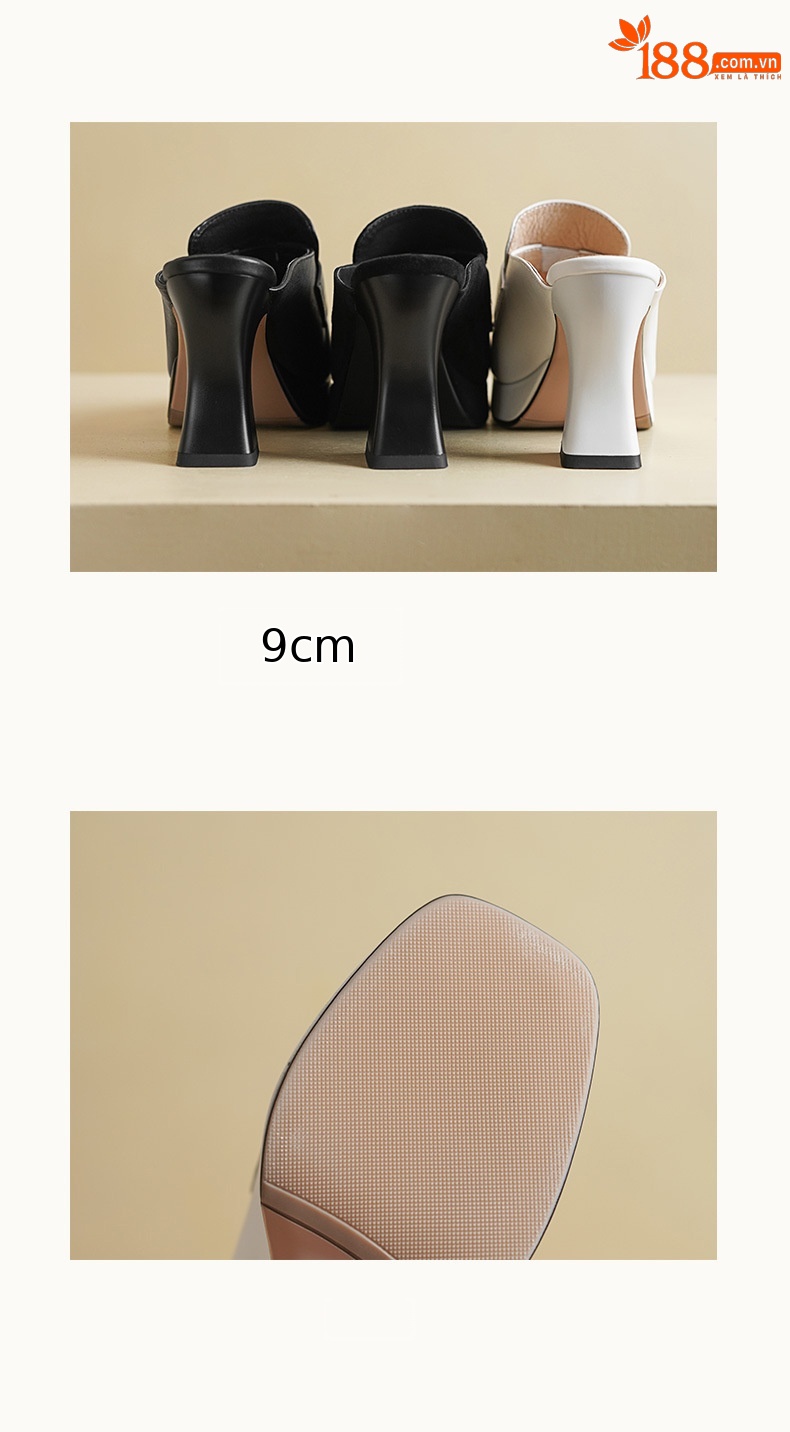 Sandal cao gót nữ hở mũi quai ngang đế dày gót 9 cm — Da bò trắng gạo chi tiết 8
