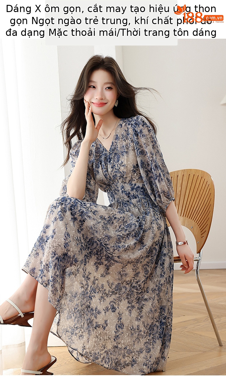Đầm maxi nữ thắt eo họa tiết hoa nhí xòe lớn dáng suông — màu sắc, xanh lam chi tiết 2
