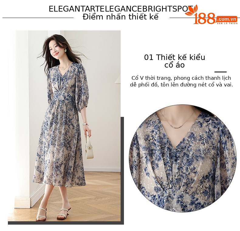 Đầm maxi nữ thắt eo họa tiết hoa nhí xòe lớn dáng suông — màu sắc, xanh lam chi tiết 4