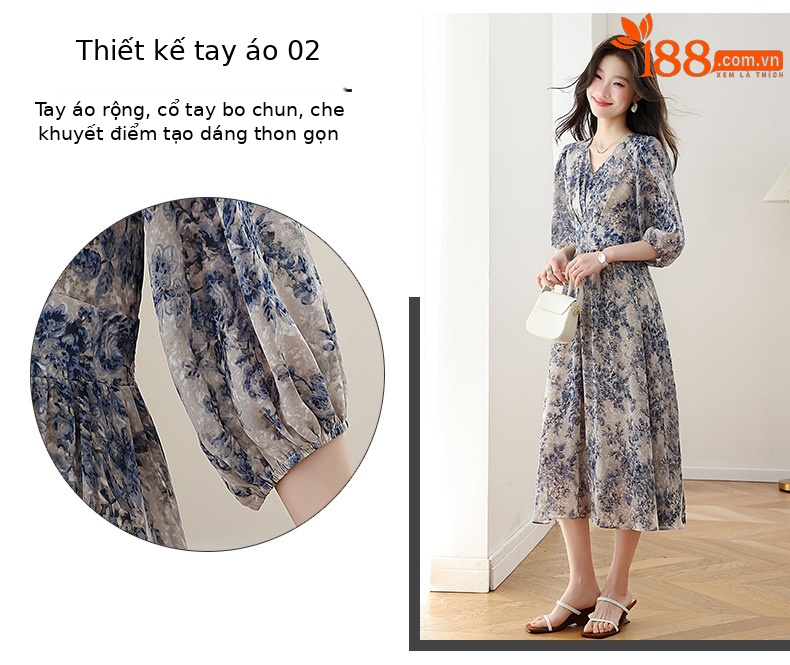 Đầm maxi nữ thắt eo họa tiết hoa nhí xòe lớn dáng suông — màu sắc, xanh lam chi tiết 5