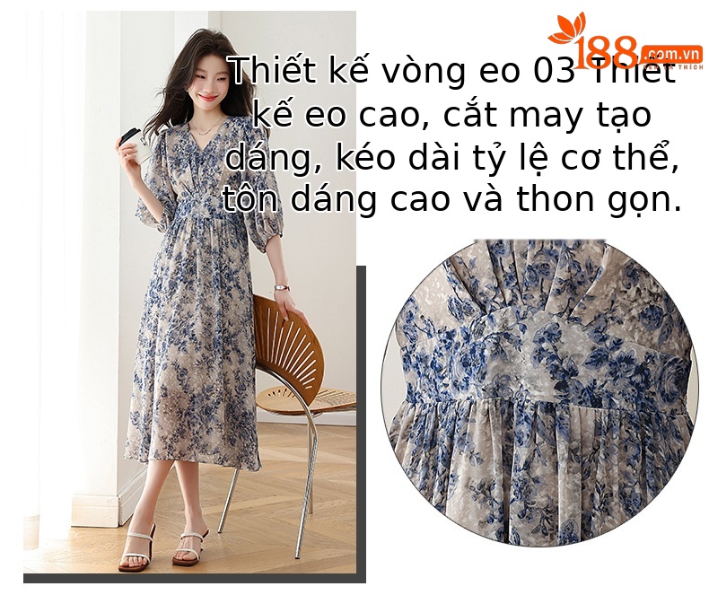 Đầm maxi nữ thắt eo họa tiết hoa nhí xòe lớn dáng suông — màu sắc, xanh lam chi tiết 6