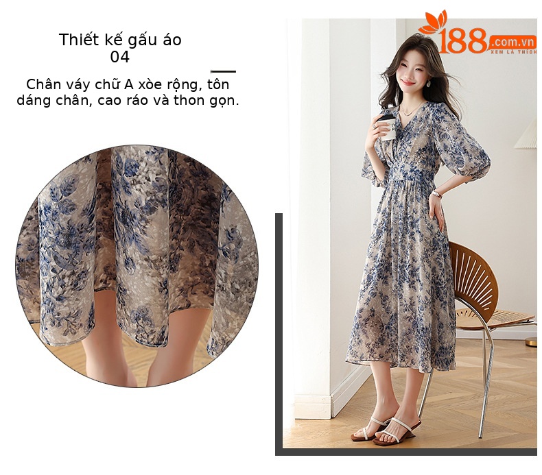 Đầm maxi nữ thắt eo họa tiết hoa nhí xòe lớn dáng suông — màu sắc, xanh lam chi tiết 7
