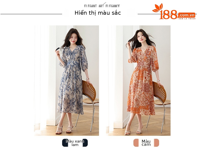 Đầm maxi nữ thắt eo họa tiết hoa nhí xòe lớn dáng suông — màu sắc, xanh lam chi tiết 9